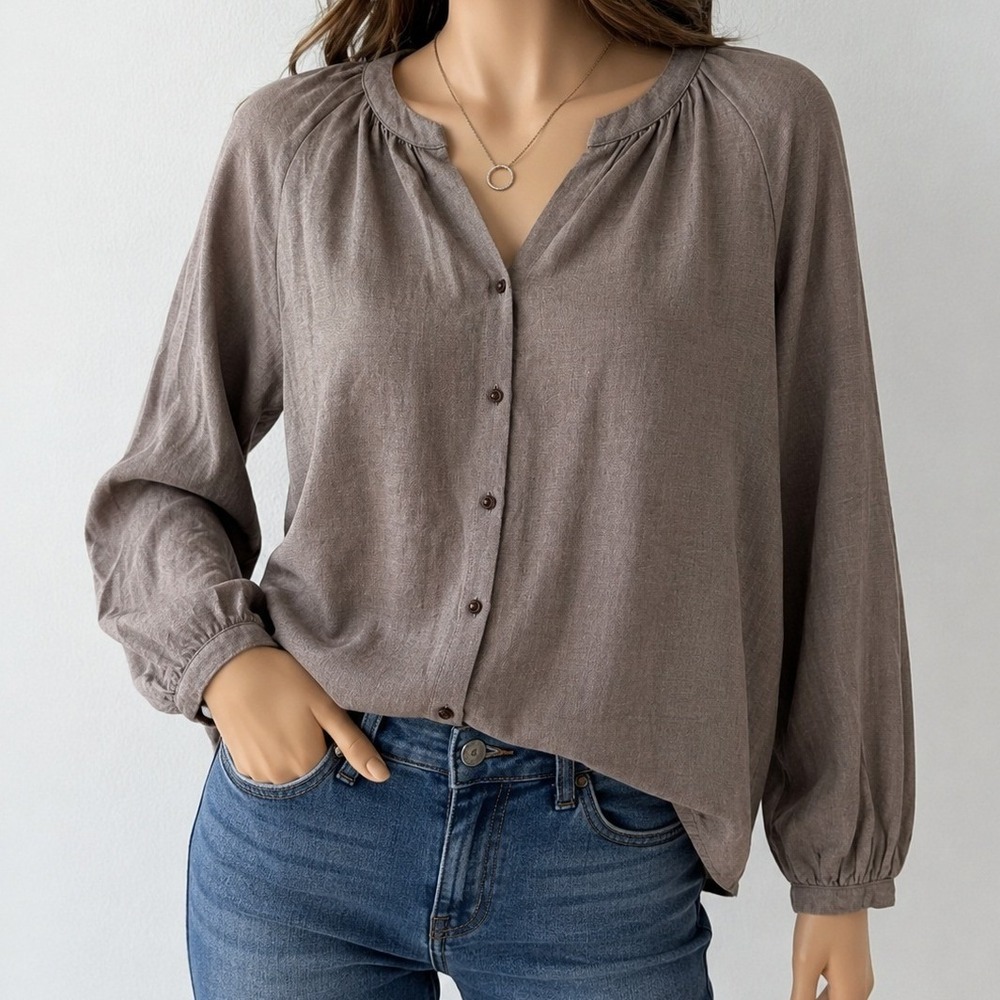 Uniqlo‎ Womens Blouse Brown Taupe Gathered V-Neck Long Sleeve Small